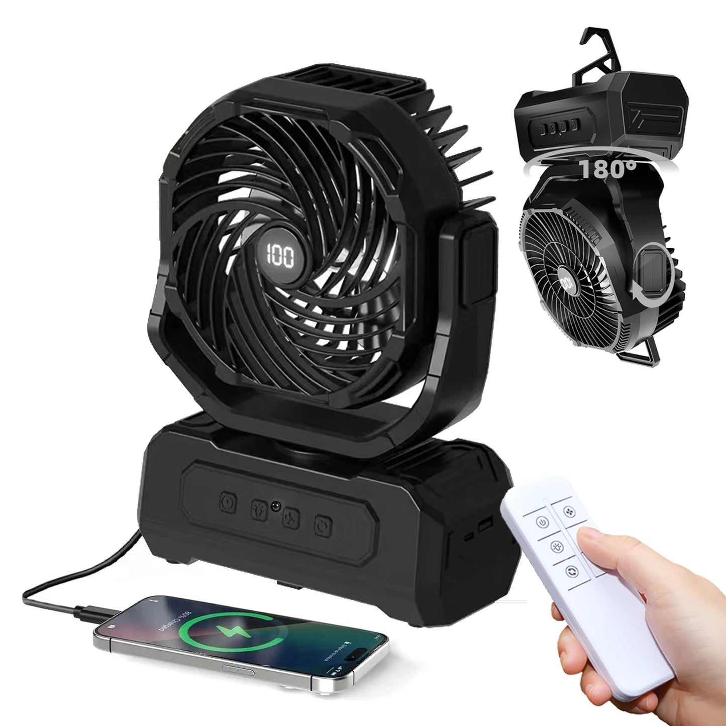 20000mAh Portable Camping Fan with RGB Lantern, Rechargeable Battery Powered Oscillating 4 Wind Speeds LED Display, Remote Control Timer Tent Beach Cordless USB Fans for Travel Home Outdoor, Green