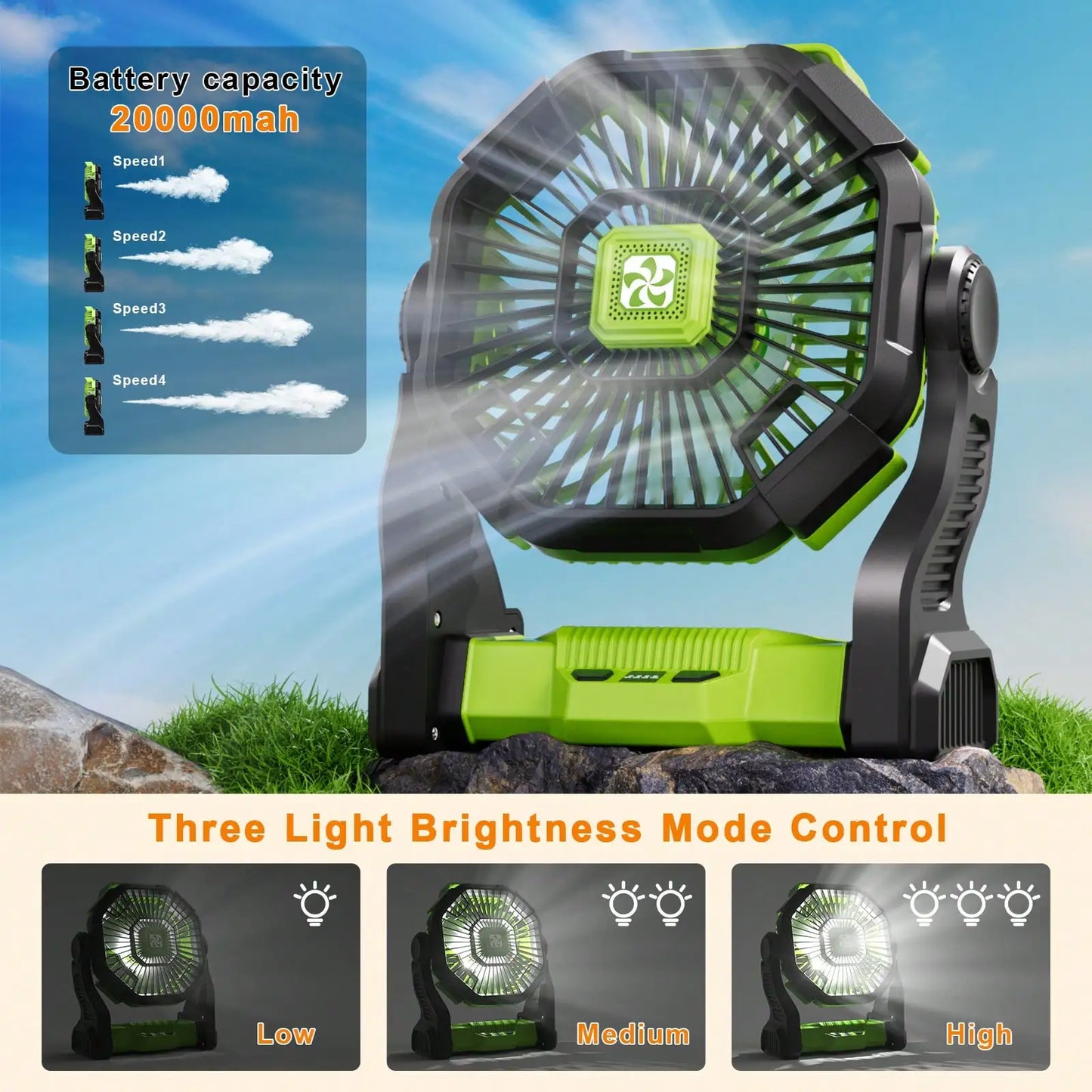 Portable Camping Fan With LED Light - 20000mAh Rechargeable Battery, Adjustable 270°/360° Design For Tents