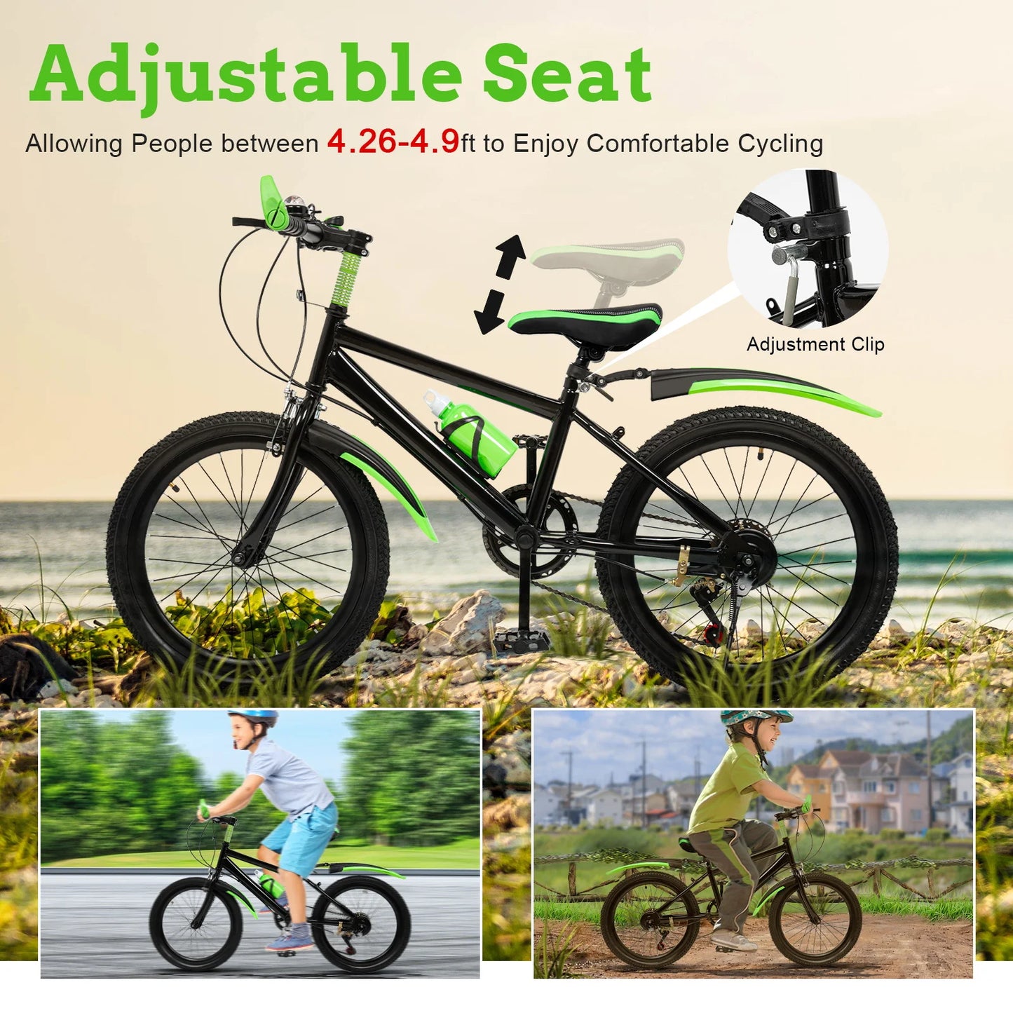 7-Speed 20" Mountain Bicycle, All-Terrain Bike Supporting 75kg, Seat Height 24.8-30in, Designed For Children 4.26 To 4.9 Feet In Height