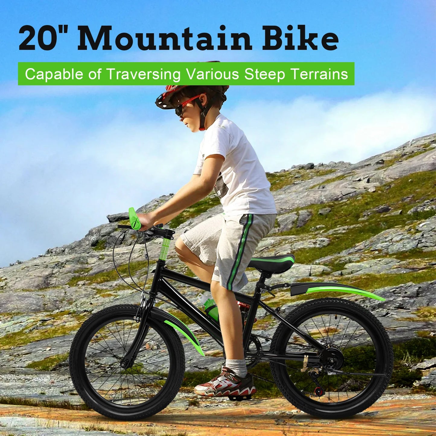 7-Speed 20" Mountain Bicycle, All-Terrain Bike Supporting 75kg, Seat Height 24.8-30in, Designed For Children 4.26 To 4.9 Feet In Height