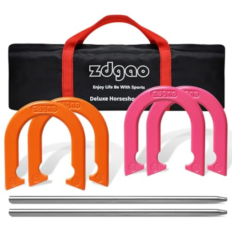 Backyard and beach outdoor game set: solid steel horseshoes and stakes in silver portable with carrying bag durable professiona