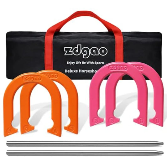 Backyard and beach outdoor game set: solid steel horseshoes and stakes in silver portable with carrying bag durable professiona