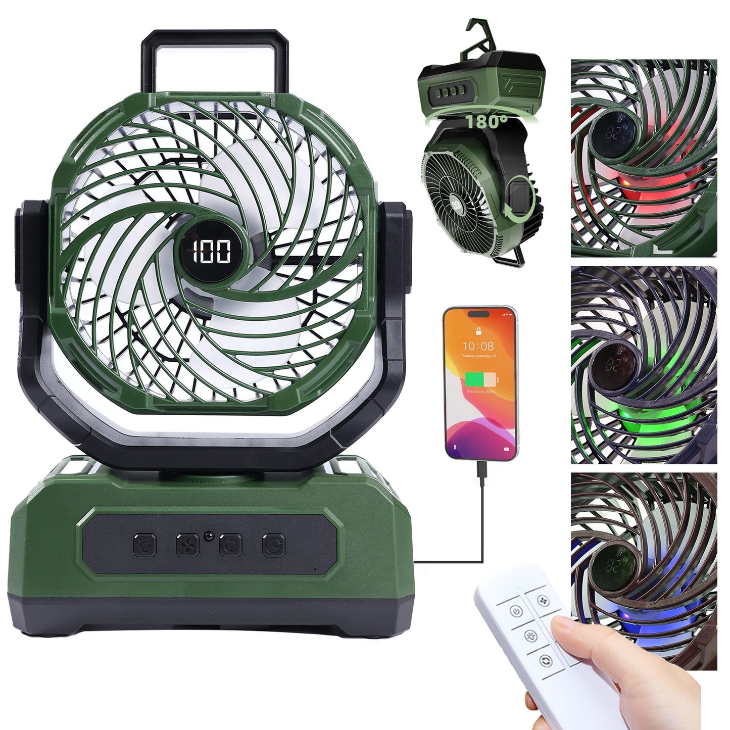 20000mAh Portable Camping Fan with RGB Lantern, Rechargeable Battery Powered Oscillating 4 Wind Speeds LED Display, Remote Control Timer Tent Beach Cordless USB Fans for Travel Home Outdoor, Green