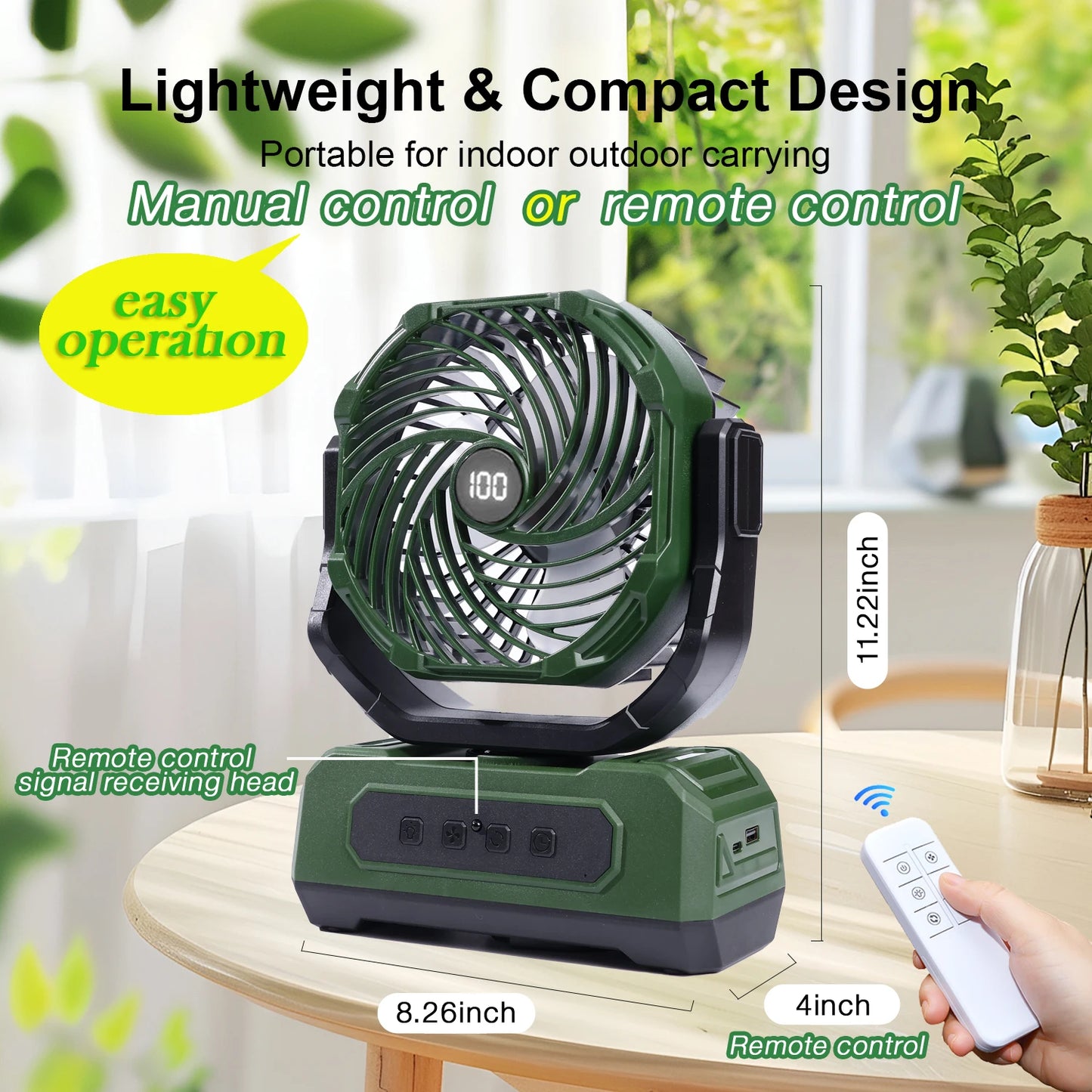 20000mAh Portable Camping Fan with RGB Lantern, Rechargeable Battery Powered Oscillating 4 Wind Speeds LED Display, Remote Control Timer Tent Beach Cordless USB Fans for Travel Home Outdoor, Green