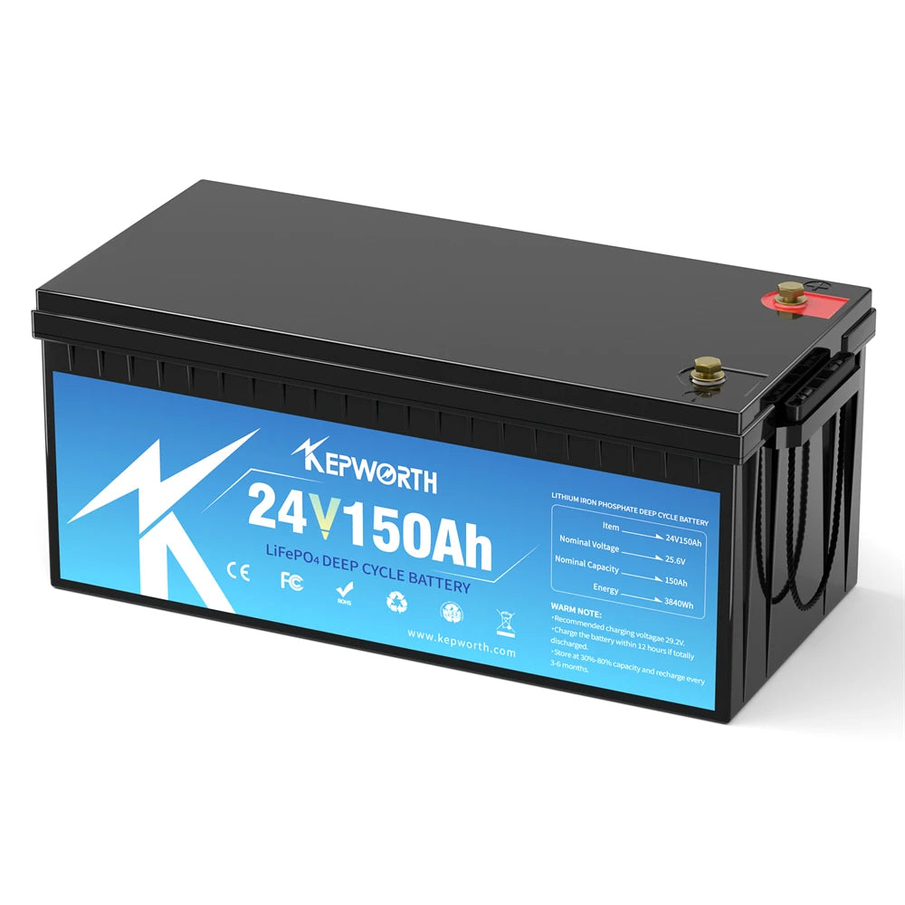 24V 150Ah LiFePO4 Battery with Integrated 100A BMS for RVs Solar Wind Energy Systems Scooters Tricycles Boats Camping Marine
