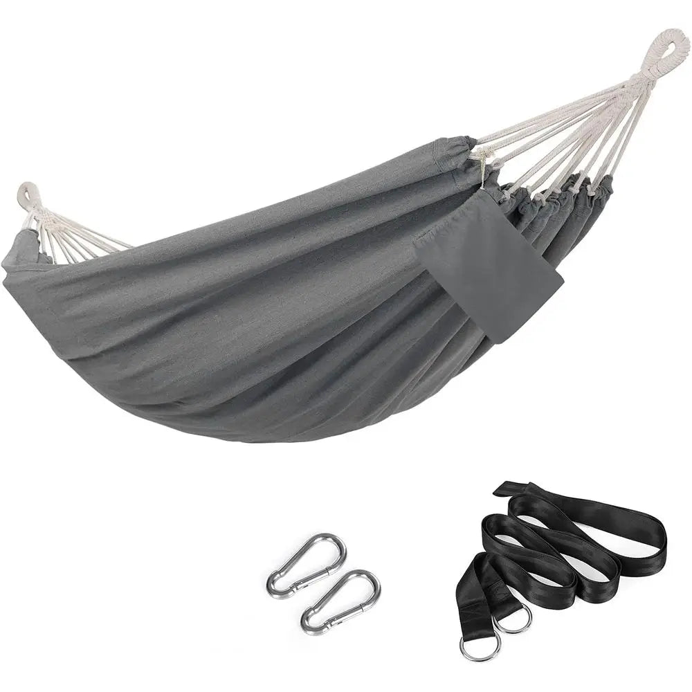 Double Hammock 210x150 cm for Outdoor, Garden, Camping - 300 kg Capacity, Carry Bag, Straps, Carabiner Hooks, Grey