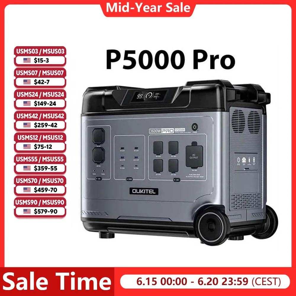 OUKITEL P5000 Pro Portable Power Station 5120Wh Solar Generator LiFePO4 Battery Fast Charging Emergencies for Home Camping