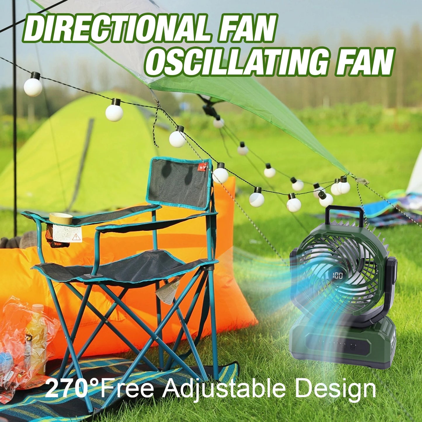 20000mAh Portable Camping Fan with RGB Lantern, Rechargeable Battery Powered Oscillating 4 Wind Speeds LED Display, Remote Control Timer Tent Beach Cordless USB Fans for Travel Home Outdoor, Green