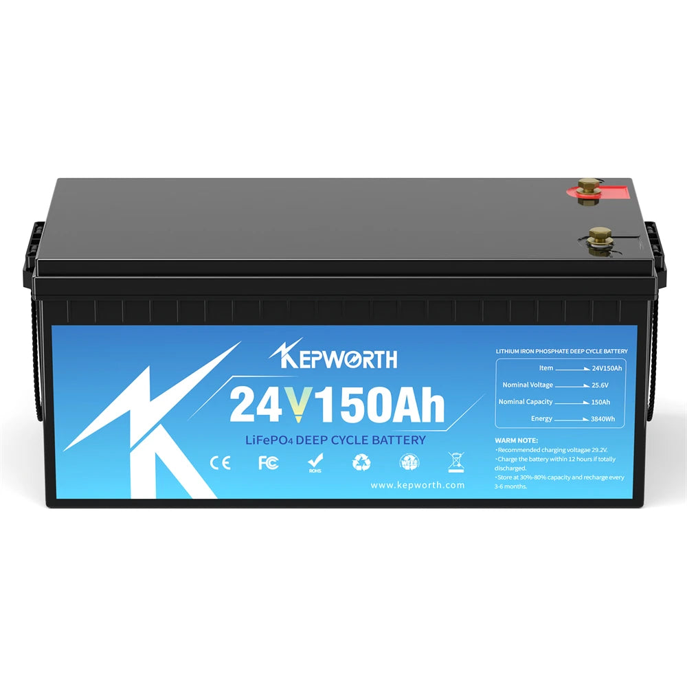 24V 150Ah LiFePO4 Battery with Integrated 100A BMS for RVs Solar Wind Energy Systems Scooters Tricycles Boats Camping Marine
