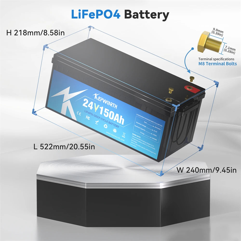 24V 150Ah LiFePO4 Battery with Integrated 100A BMS for RVs Solar Wind Energy Systems Scooters Tricycles Boats Camping Marine