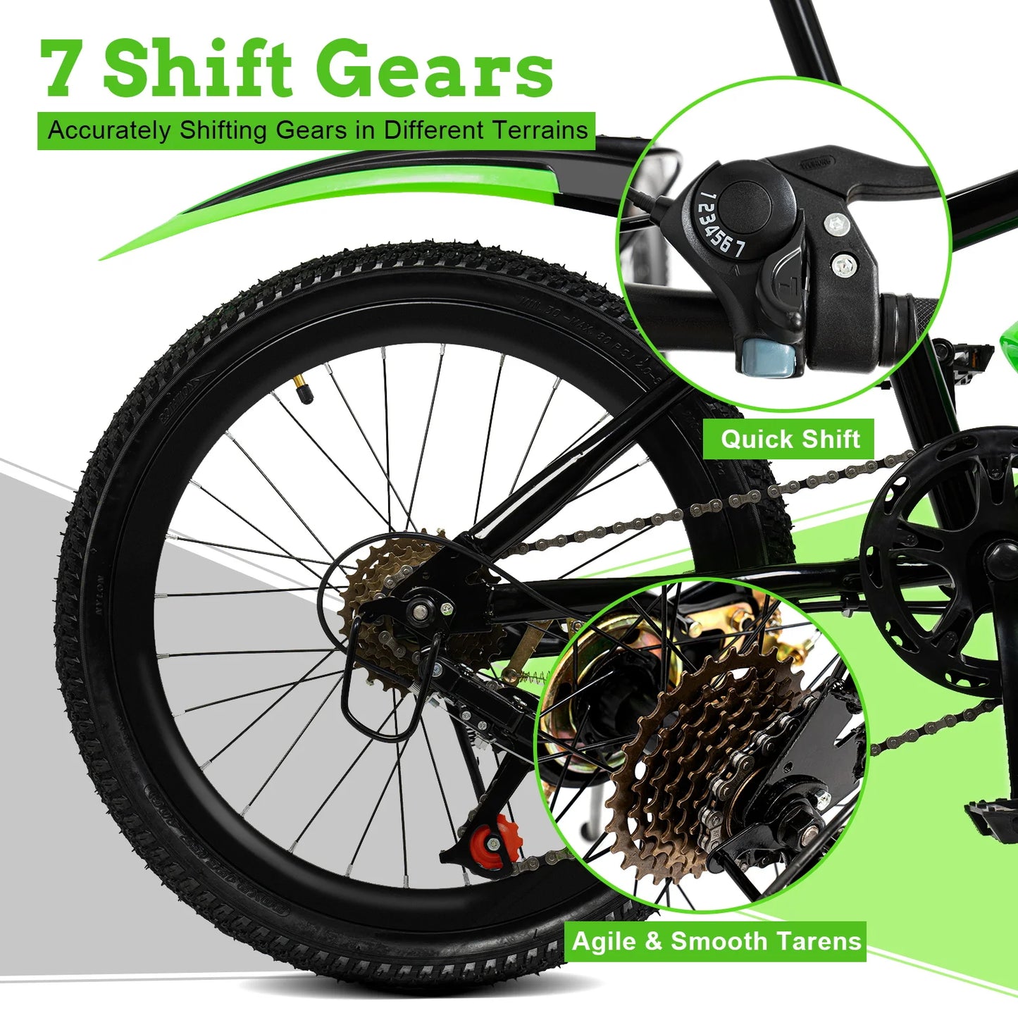7-Speed 20" Mountain Bicycle, All-Terrain Bike Supporting 75kg, Seat Height 24.8-30in, Designed For Children 4.26 To 4.9 Feet In Height