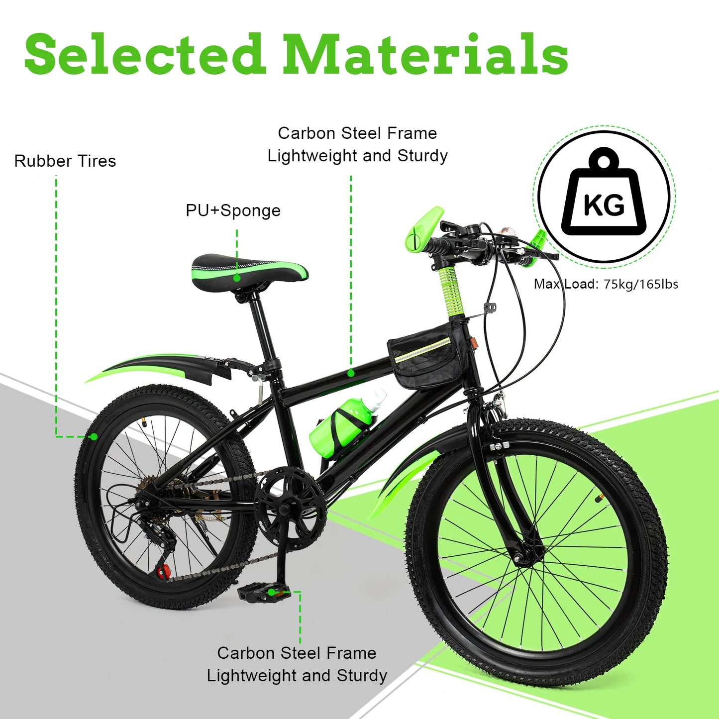 7-Speed 20" Mountain Bicycle, All-Terrain Bike Supporting 75kg, Seat Height 24.8-30in, Designed For Children 4.26 To 4.9 Feet In Height