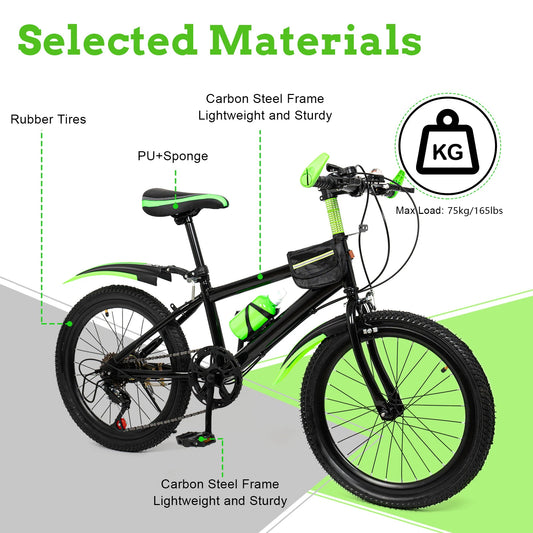 7-Speed 20" Mountain Bicycle, All-Terrain Bike Supporting 75kg, Seat Height 24.8-30in, Designed For Children 4.26 To 4.9 Feet In Height