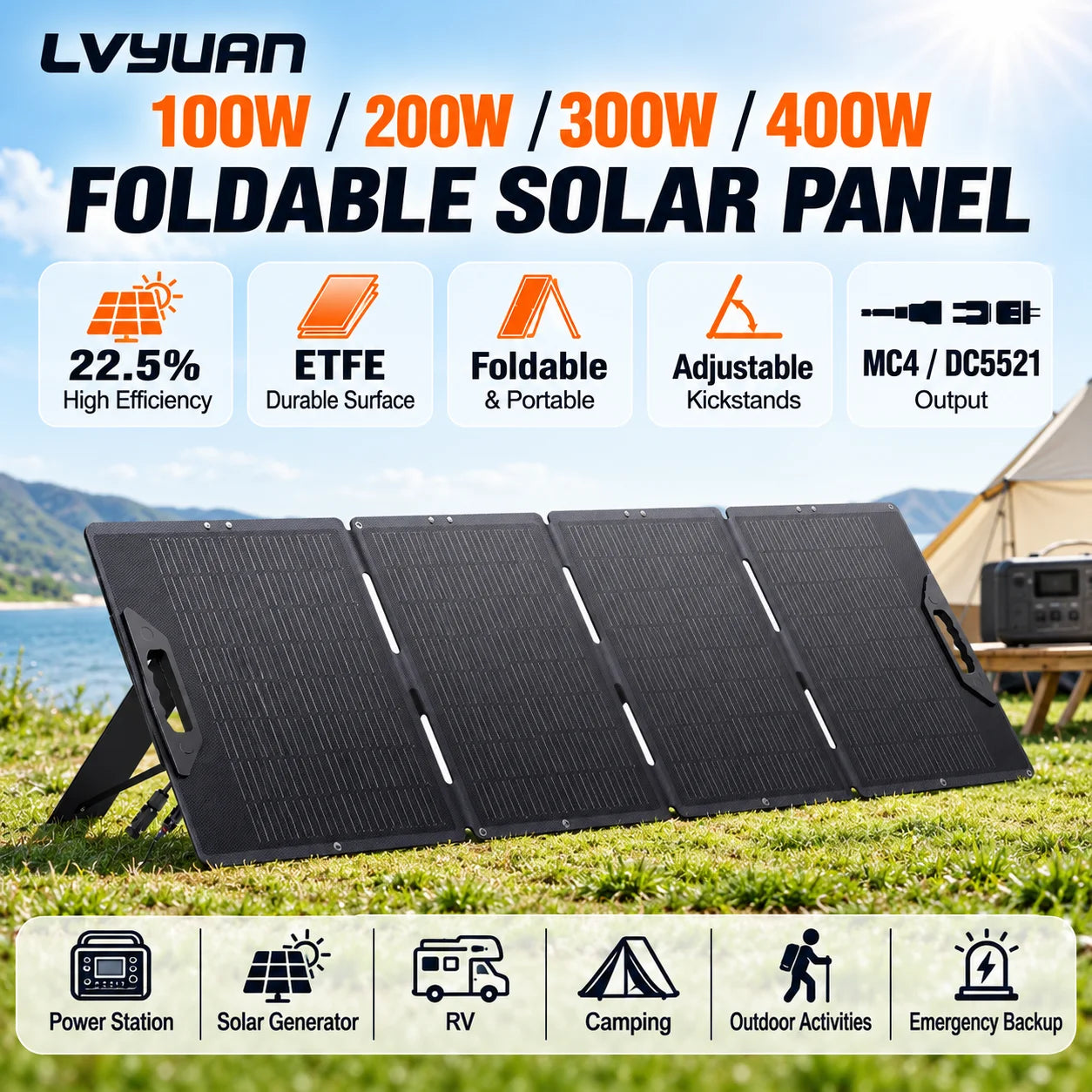 LVYUAN Foldable Solar Panel 30W 100W 200W 300W 400W Portable Monocrystalline ETFE Solar Charger 22.5% High Efficiency with MC4 DC5521 Output for Power Station Solar Generator RV Camping Outdoor Travel Emergency Backup Off-Gri