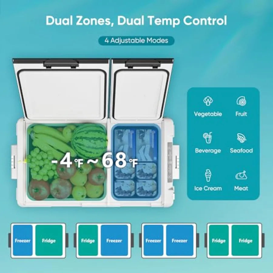 Car refrigerator for travel, camping, RV, home use; black ABS plastic; -468 dual-zone cooling; 12/24V DC 100-240V AC portable e