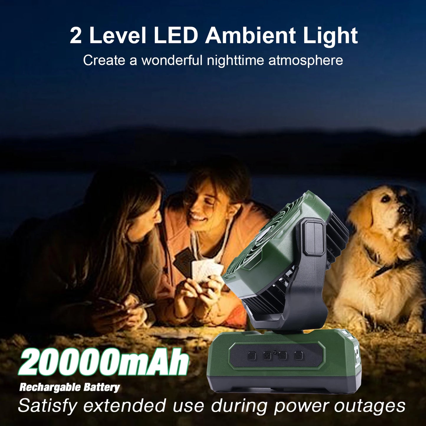 20000mAh Portable Camping Fan with RGB Lantern, Rechargeable Battery Powered Oscillating 4 Wind Speeds LED Display, Remote Control Timer Tent Beach Cordless USB Fans for Travel Home Outdoor, Green