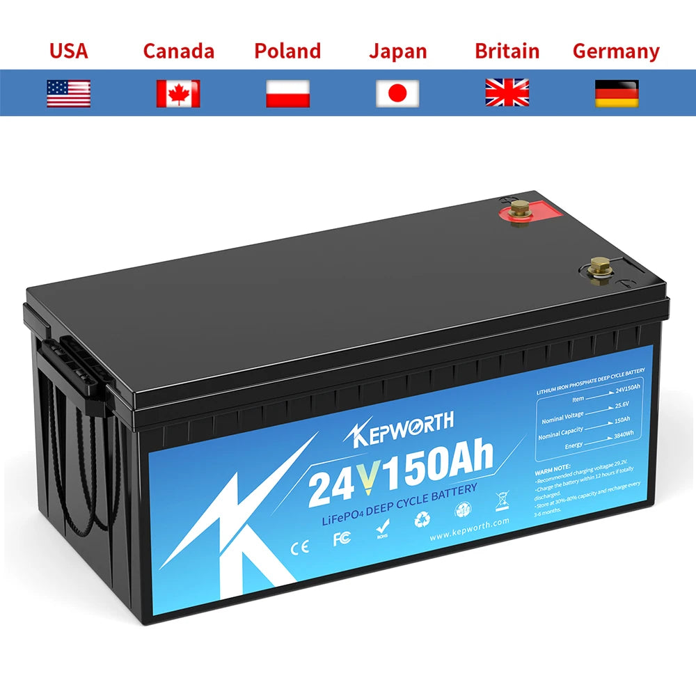 24V 150Ah LiFePO4 Battery with Integrated 100A BMS for RVs Solar Wind Energy Systems Scooters Tricycles Boats Camping Marine