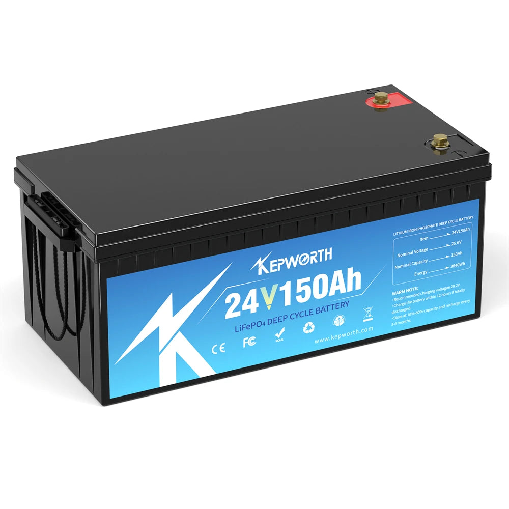 24V 150Ah LiFePO4 Battery with Integrated 100A BMS for RVs Solar Wind Energy Systems Scooters Tricycles Boats Camping Marine