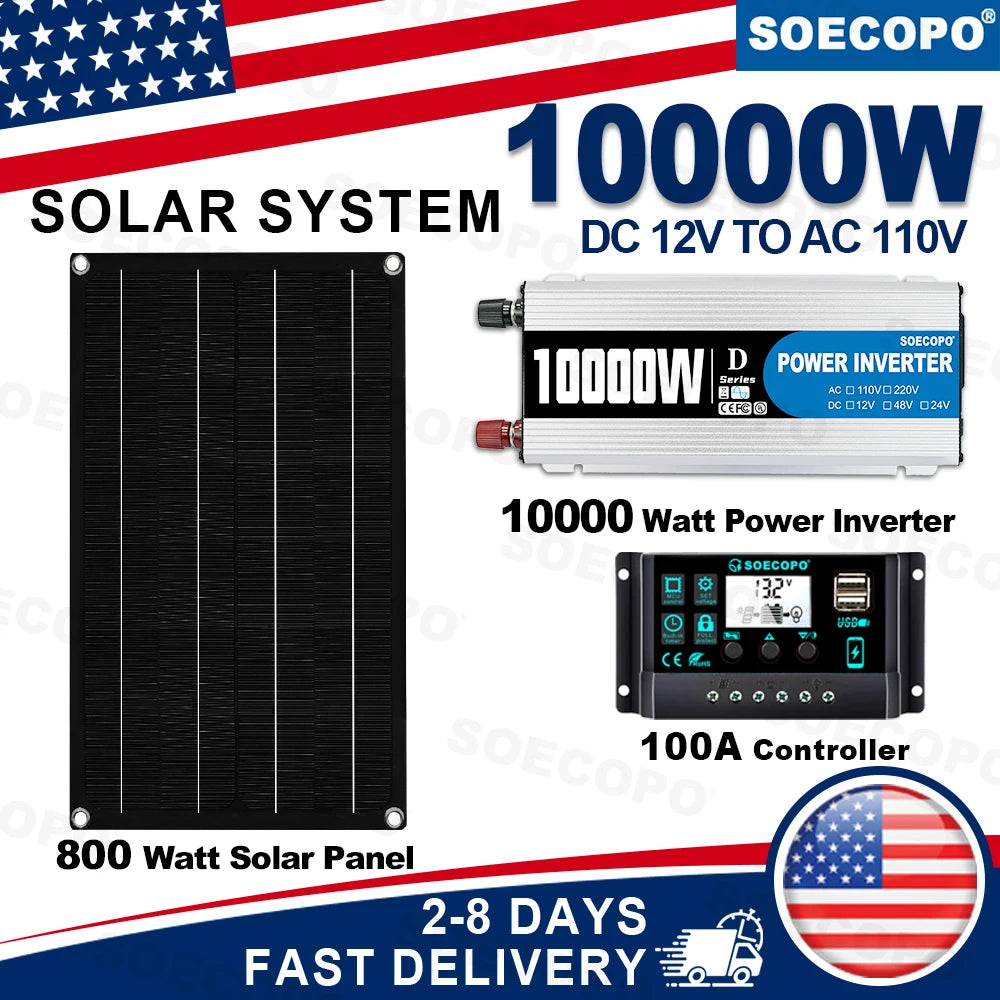 SOECOPO 10000W Peak 1100W Rated Solar Power System Kit with 800W Solar Panel 100A Charge Controller DC 12V to AC 110V Power Inverter LCD Dual USB for Home RV Camping Off Grid Emergency Backup Ships from USA US Warehouse 2-8 D