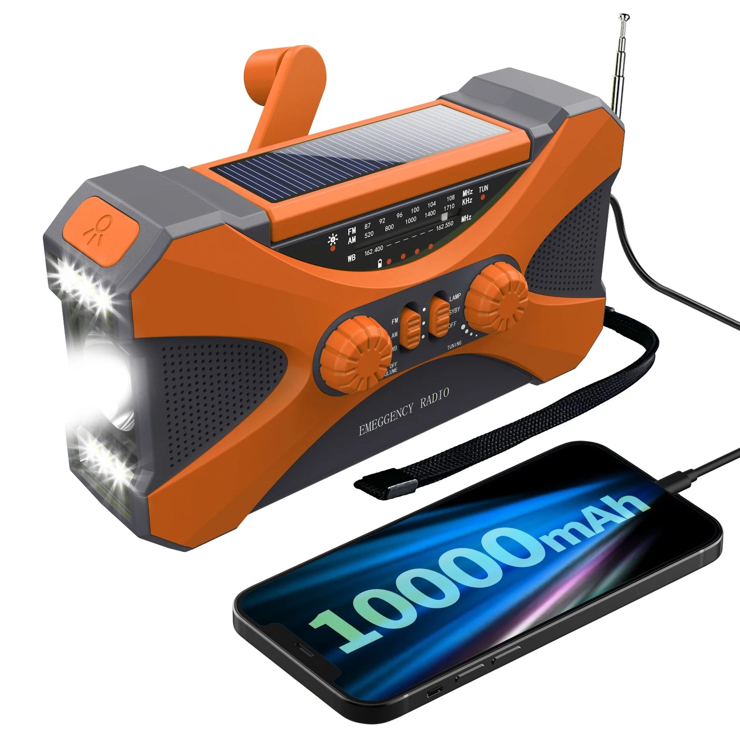 10000mAh Emergency Radio, Solar Hand Crank Radio, Portable AM/FM/NOAA Weather Radio with Cell Phone Charger, LED Flashlight