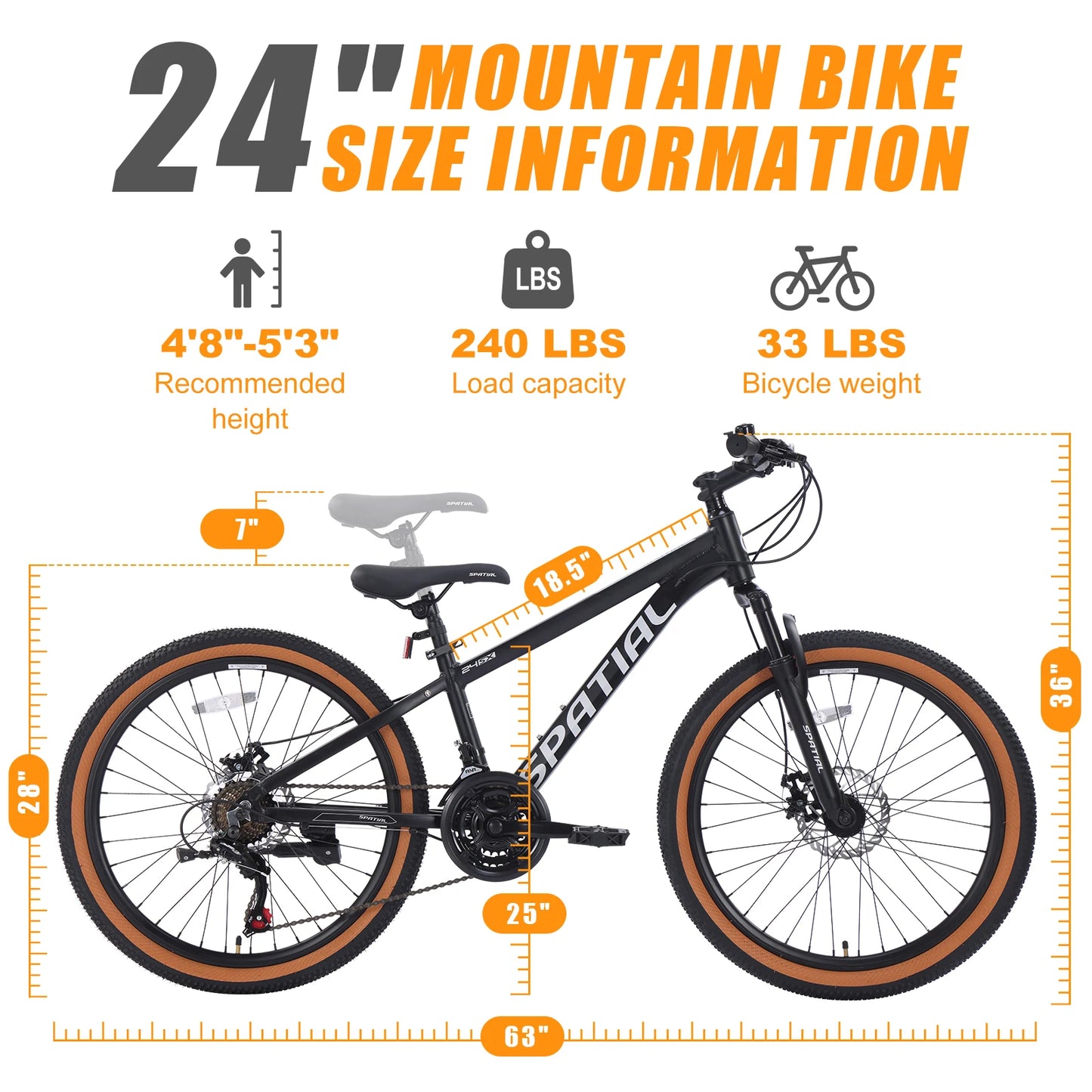 Spatial 24'' Mountain Bike 21-Speed MTB with Disc Brake And Front Suspension For Teens Students Commuter And Off-Road Bicycle