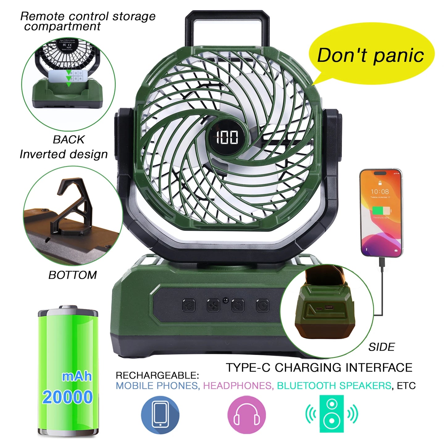 20000mAh Portable Camping Fan with RGB Lantern, Rechargeable Battery Powered Oscillating 4 Wind Speeds LED Display, Remote Control Timer Tent Beach Cordless USB Fans for Travel Home Outdoor, Green
