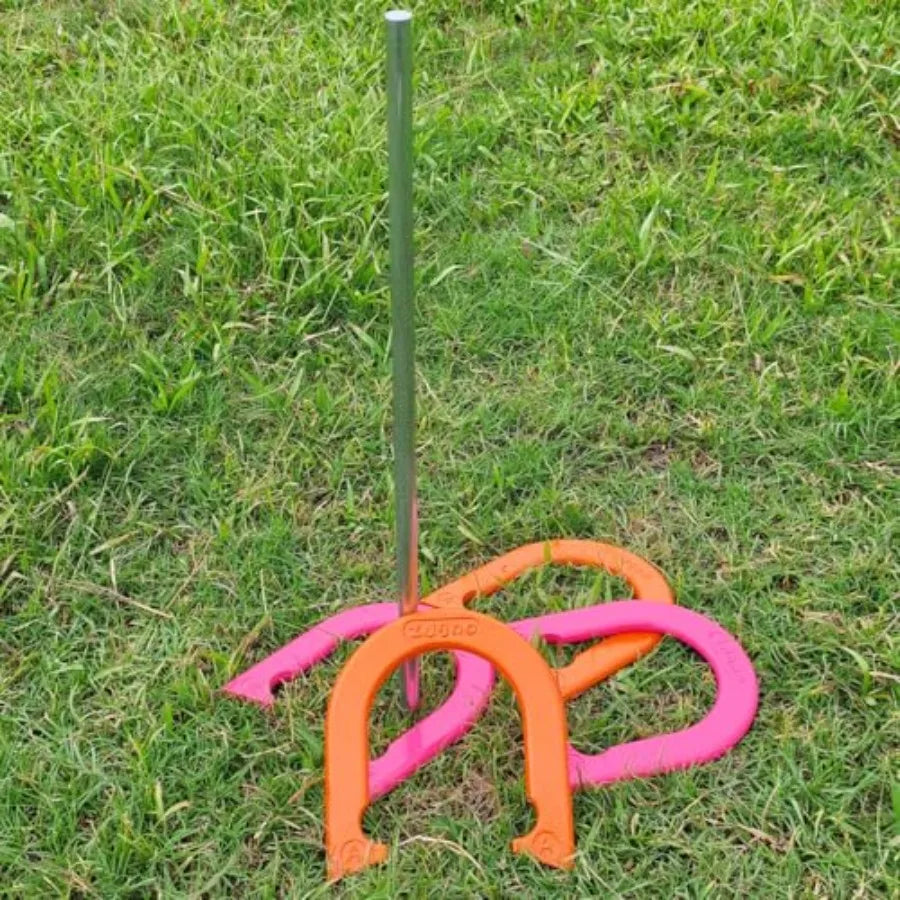 Backyard and beach outdoor game set: solid steel horseshoes and stakes in silver portable with carrying bag durable professiona