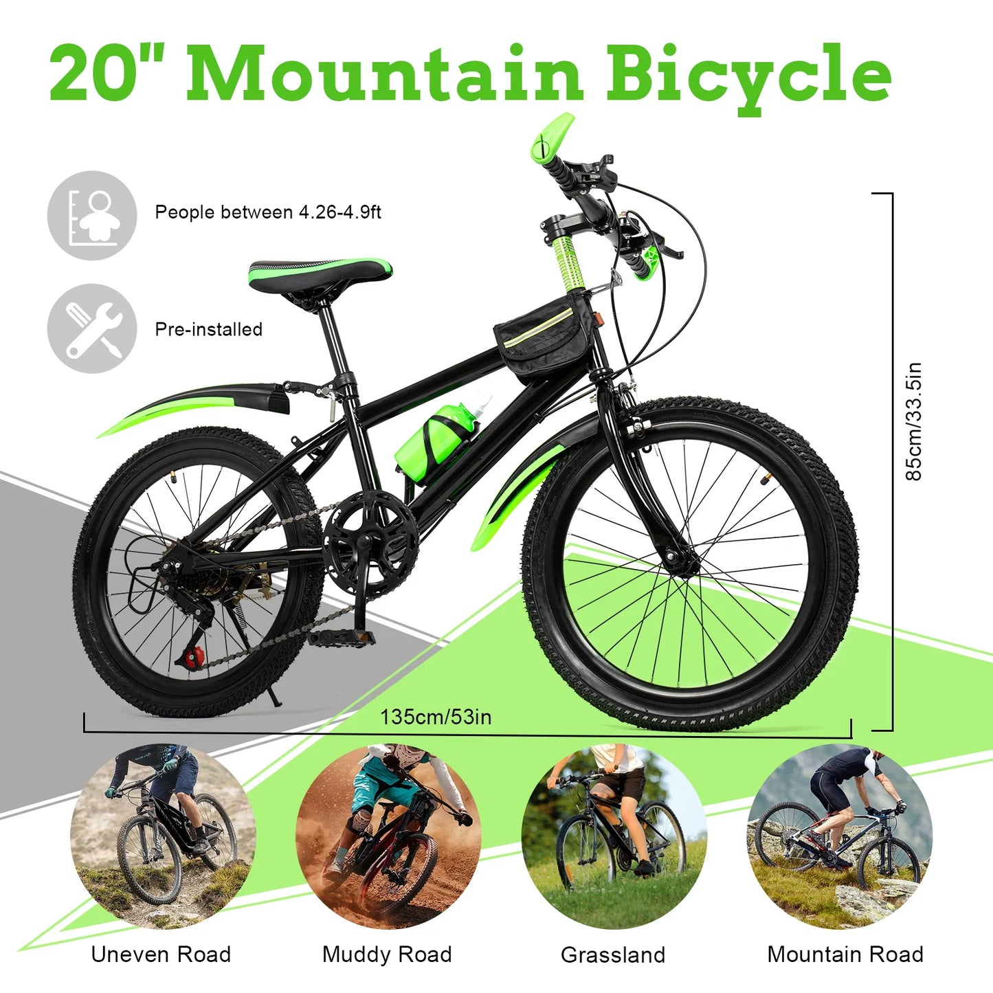 7-Speed 20" Mountain Bicycle, All-Terrain Bike Supporting 75kg, Seat Height 24.8-30in, Designed For Children 4.26 To 4.9 Feet In Height