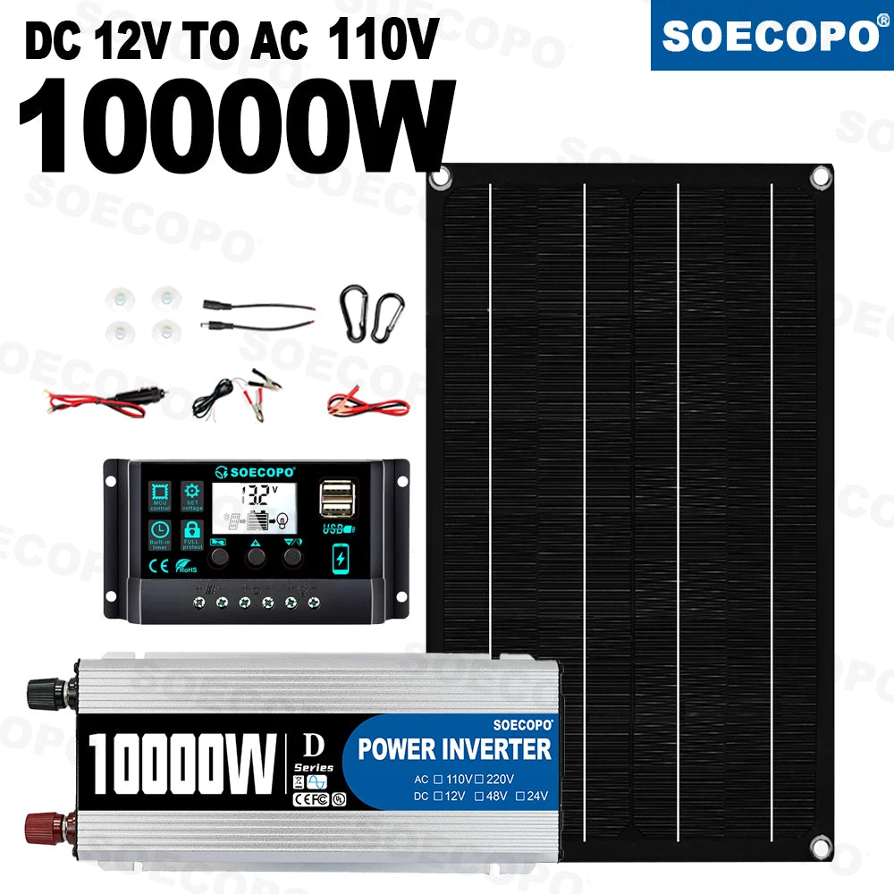 SOECOPO 10000W Peak 1100W Rated Solar Power System Kit with 800W Solar Panel 100A Charge Controller DC 12V to AC 110V Power Inverter LCD Dual USB for Home RV Camping Off Grid Emergency Backup Ships from USA US Warehouse 2-8 D